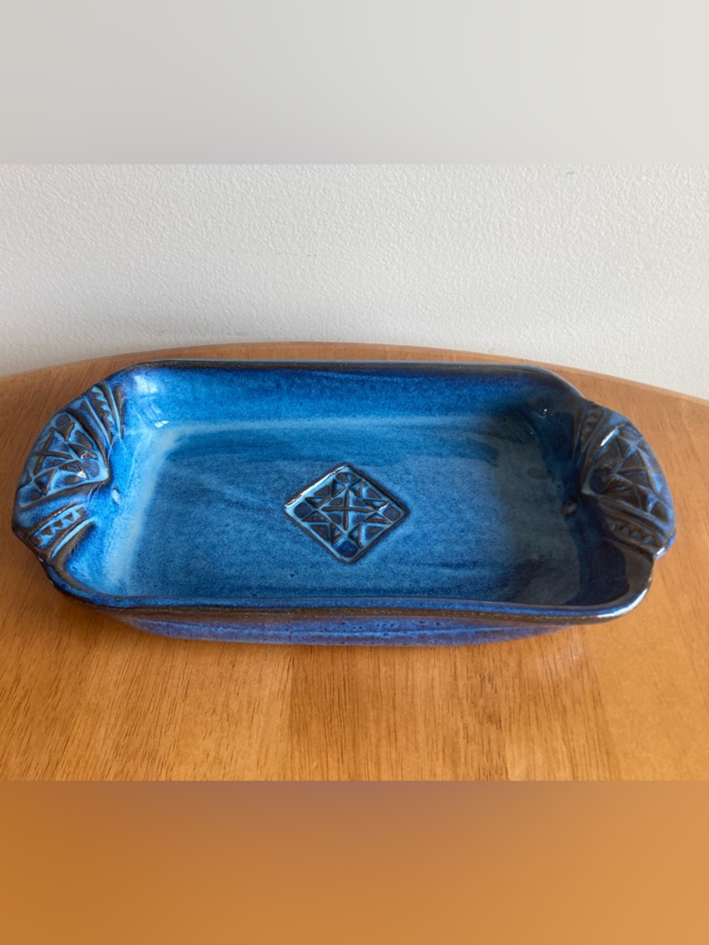 Handmade blue pottery casserole dish